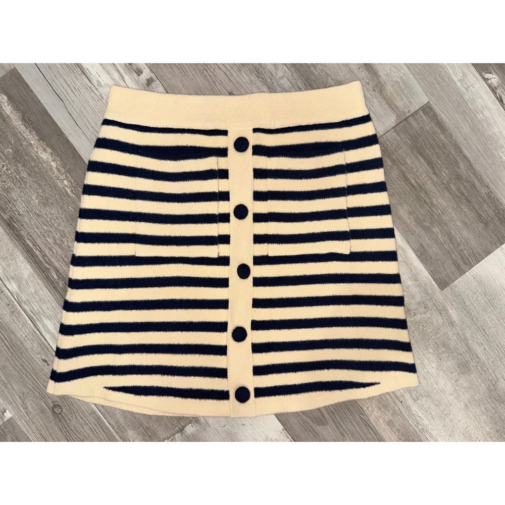 Miou Muse Knit Skirt Women Cream Navy Blue Striped Button Front Pockets M NEW